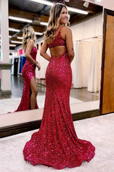 Burgundy One Shoulder Prom Dress Sequins Evening Dress with Slit